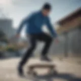 Skater showcasing the Adidas quarter zip jacket in action on the skateboard