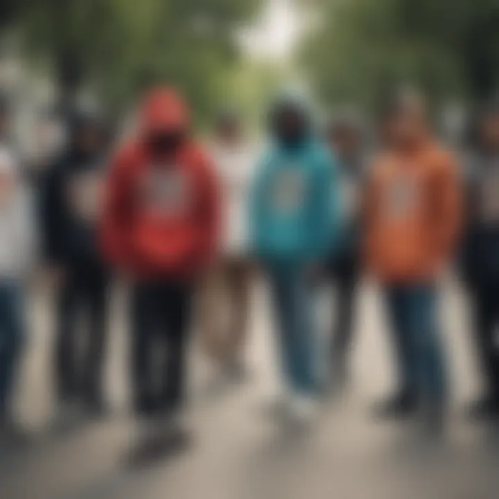 Group of skaters wearing diverse funky hoodies