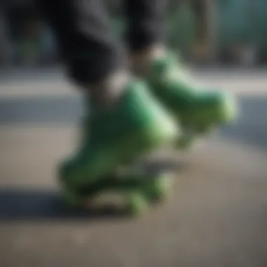 Close-up of green Heelys showcasing their unique design