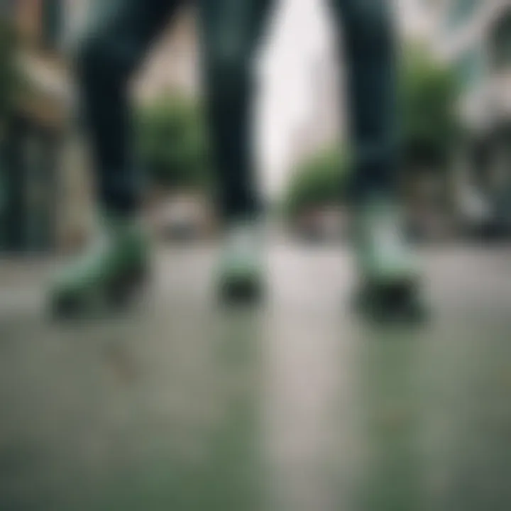 Group of skaters enjoying with green Heelys in an urban environment