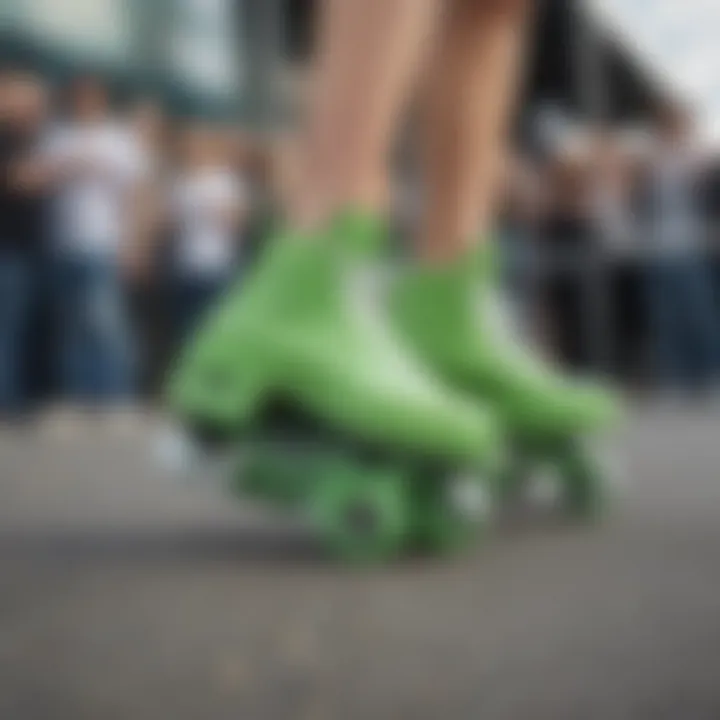 Stylish individual wearing green Heelys at a skate event