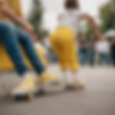 Group of skaters wearing yellow and white Vans at a skate park.