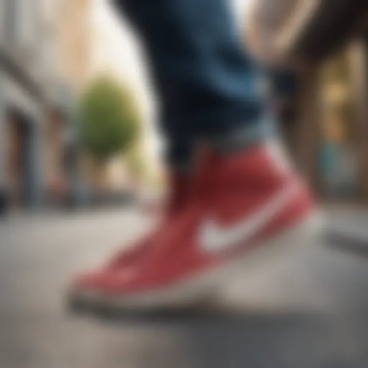 A skateboarder showcasing style and performance in Nike Blazer Mid sneakers on an urban street.