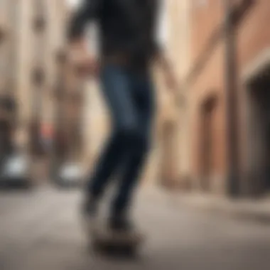 Stylish Nylon Web Belt in Action A skateboarder wearing a stylish nylon web belt, demonstrating versatility and style in urban settings.