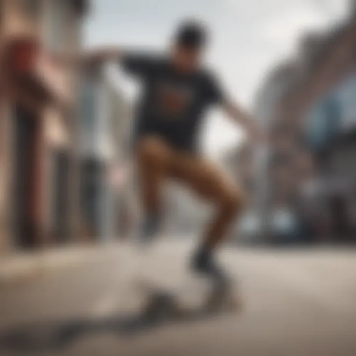 Skater executing a trick while dressed in functional yet trendy apparel.