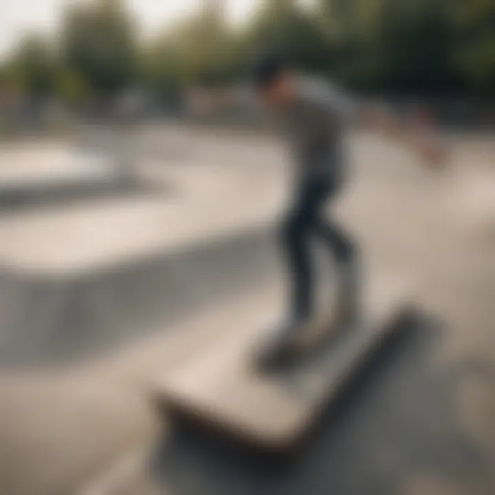 An individual performing tricks with a teck deck on a miniature skatepark setup