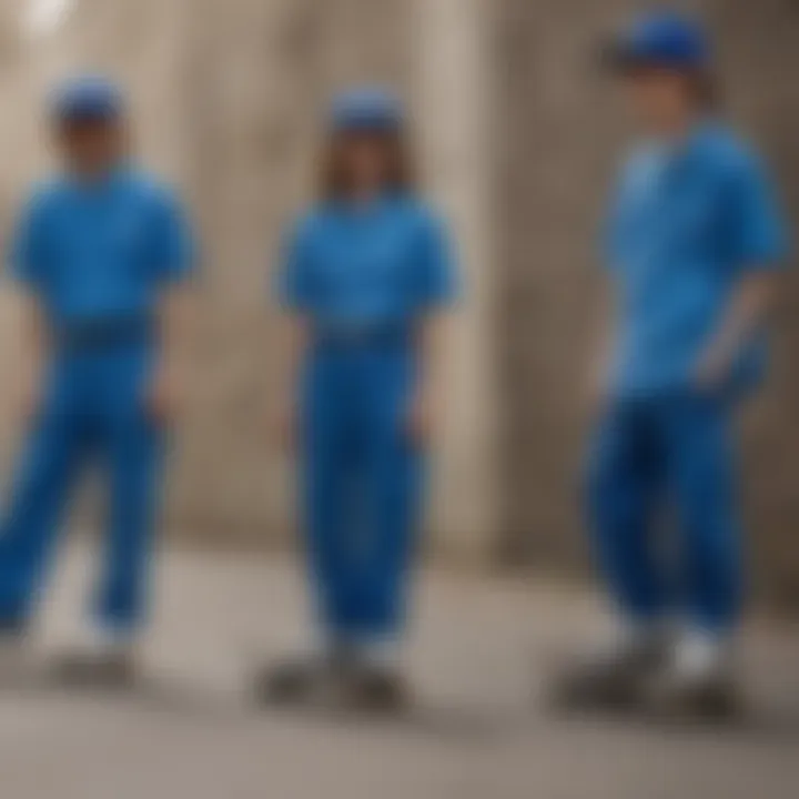 Group of skaters showcasing blue Dickies fashion