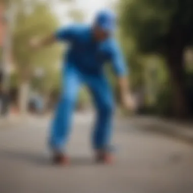 Stylish blue Dickies outfit on a skateboarder