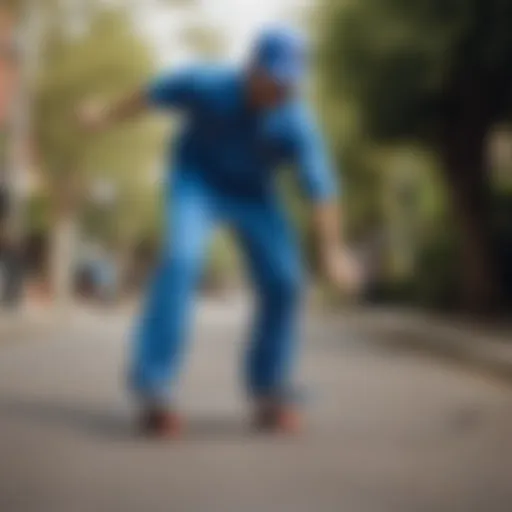 Stylish blue Dickies outfit on a skateboarder