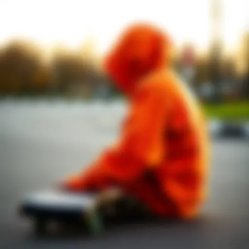 A dark orange hoodie draped over a skateboard