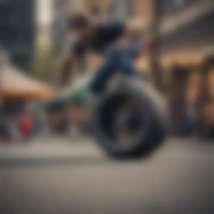 Skater performing tricks on Bigfoot wheels in an urban setting.