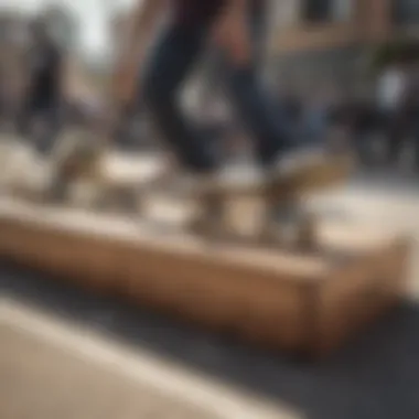 Group of skateboards gathered around a grind box