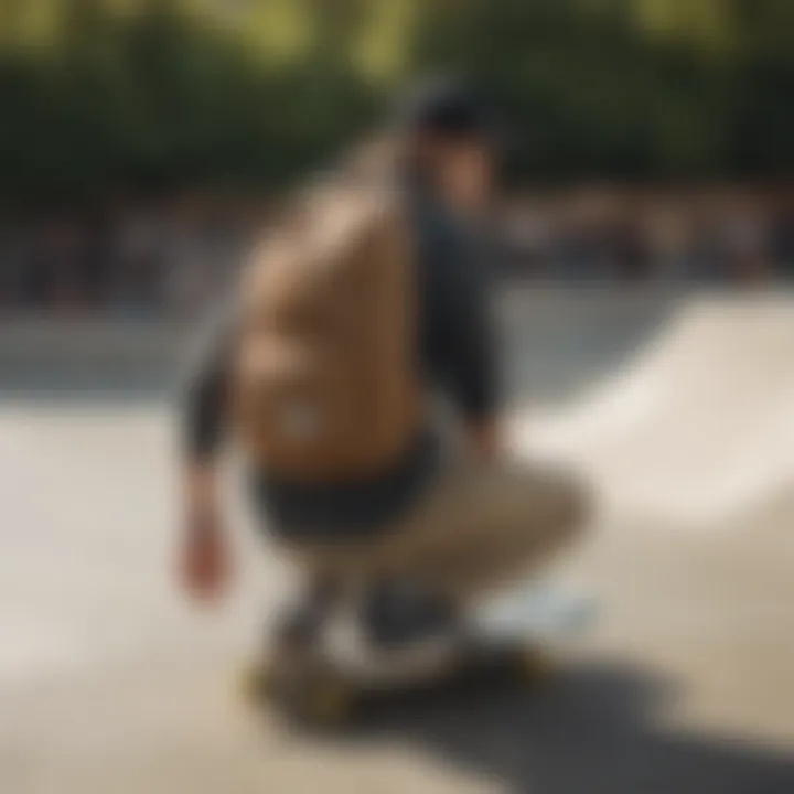 A skateboarder using the Herschel Little America Pro backpack at a skate park