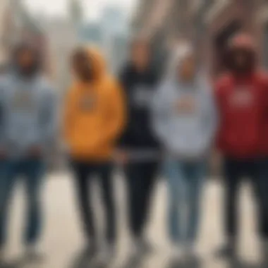 Group of skateboarders showcasing diverse hoodie crewneck styles