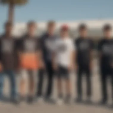 A group of skateboarders wearing independent t-shirts at a skate park