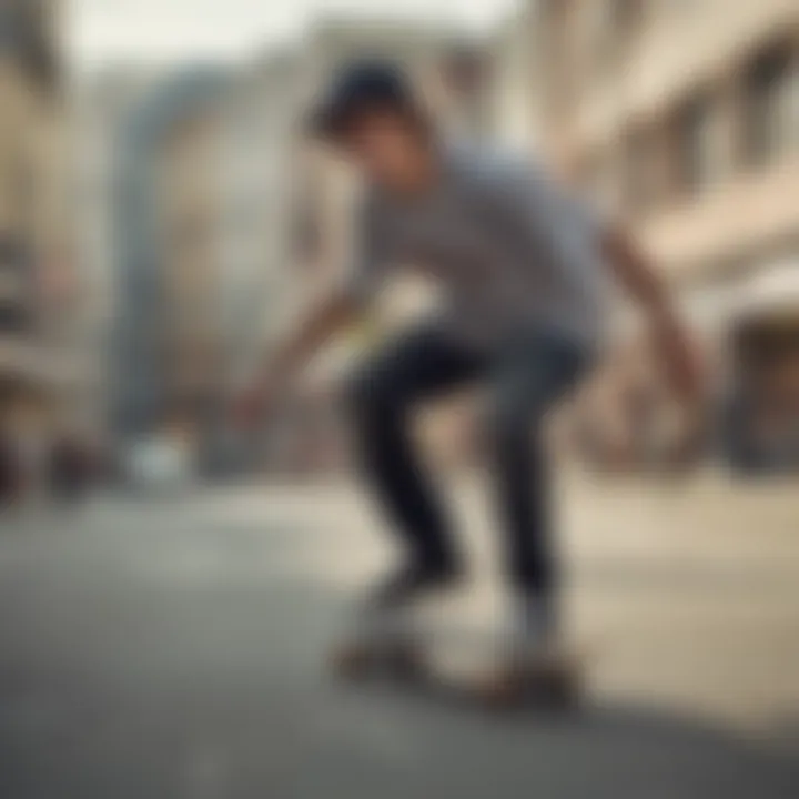 A skateboarder wearing a Lakai shirt in an urban setting