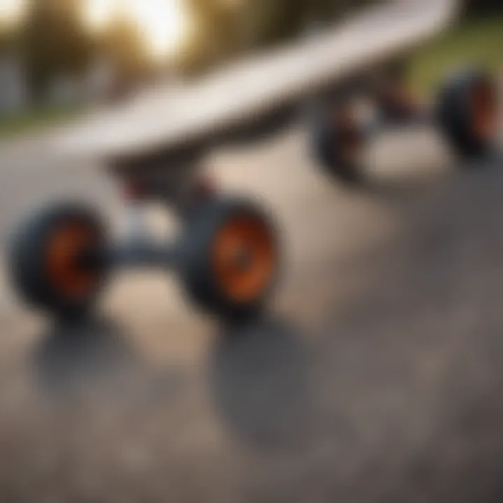 Close-up view of a loaded electric skateboard showcasing its advanced design features