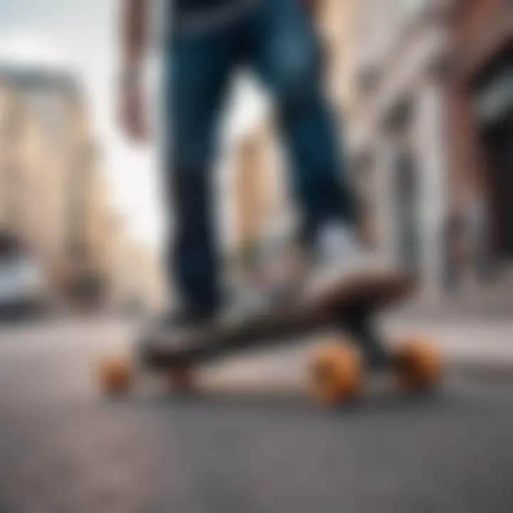 A loaded electric skateboard in action on a scenic urban street