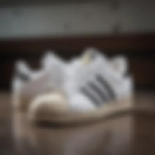 Close-up view of Adidas White Superstar shoes showcasing their iconic design