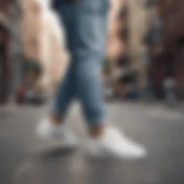 Stylish outfit featuring Adidas White Superstar shoes on a city street