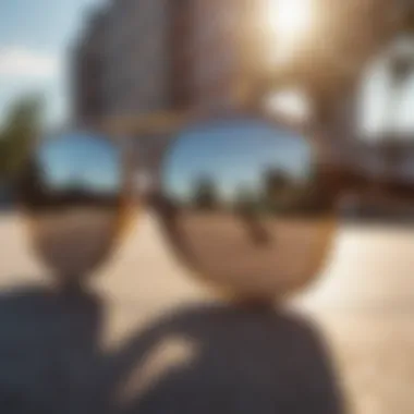 A close-up of chic sunglasses reflecting a sunny outdoor scene