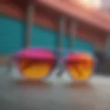 A pair of colorful, stylish sunglasses on a vibrant background