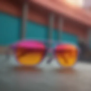 A pair of colorful, stylish sunglasses on a vibrant background