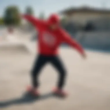 A skateboarder wearing the Red Vans sweatshirt while performing tricks at a skate park, emphasizing style and functionality.