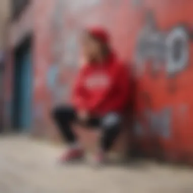 Red Vans Sweatshirt Against Graffiti A vibrant Red Vans sweatshirt displayed against a graffiti wall, showcasing its connection to skate culture.