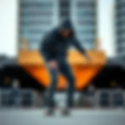 Skateboarder wearing a gray camouflage hoodie in an urban setting