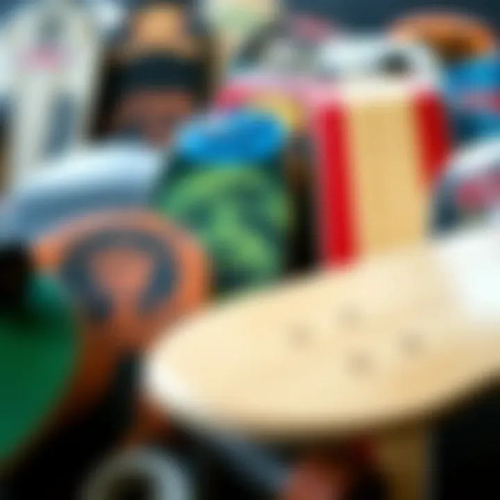 Diverse Skateboard Deck Designs A close-up of various skateboard decks showcasing designs and craftsmanship