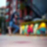 A skateboarder performing an impressive trick in a vibrant urban setting