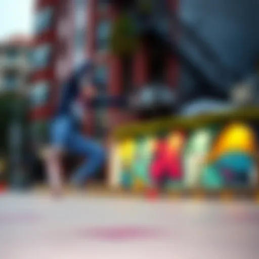 Skateboarding Trick in Urban Landscape A skateboarder performing an impressive trick in a vibrant urban setting