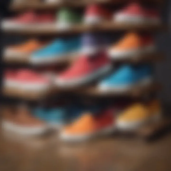 An assortment of TOMS platform sneakers in various colorways displayed on a skate deck.