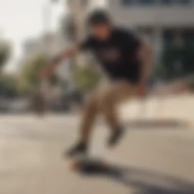 Skateboarder using a side bag while performing tricks