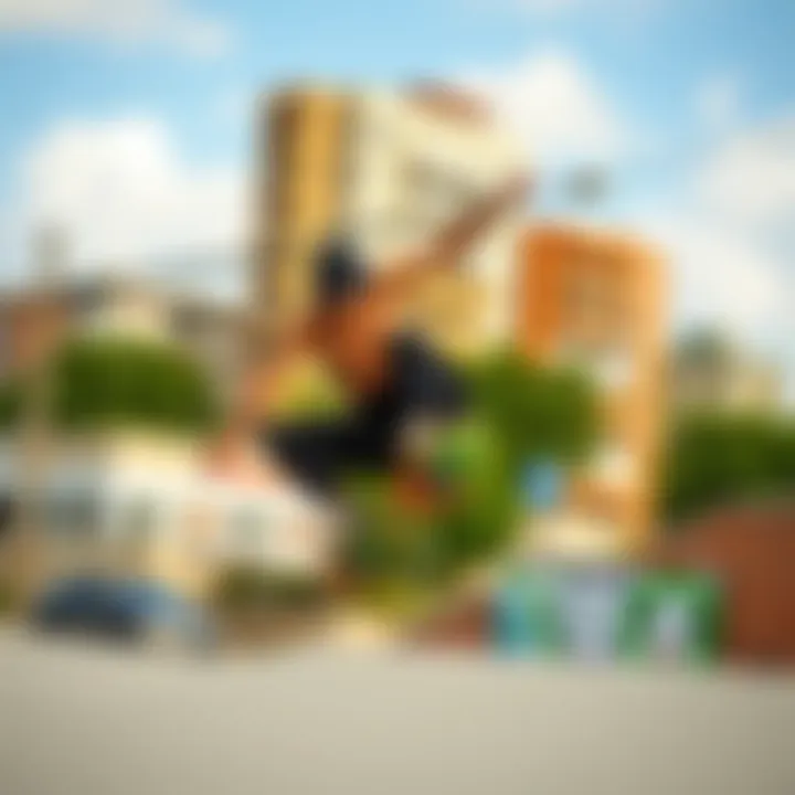 Urban Skateboard Trick A skater performing a daring trick in an urban landscape