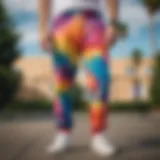 A vibrant display of tie dye patterns on cotton sweatpants.