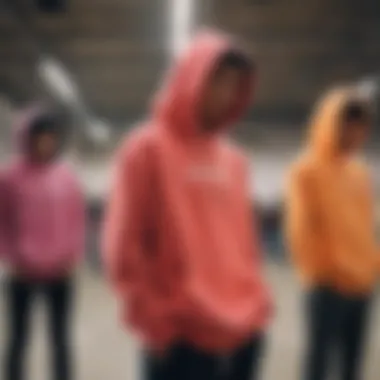 Group of skaters showcasing various styles of fluorescent hoodies