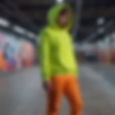 Fluorescent hoodie displayed in an urban skate park setting