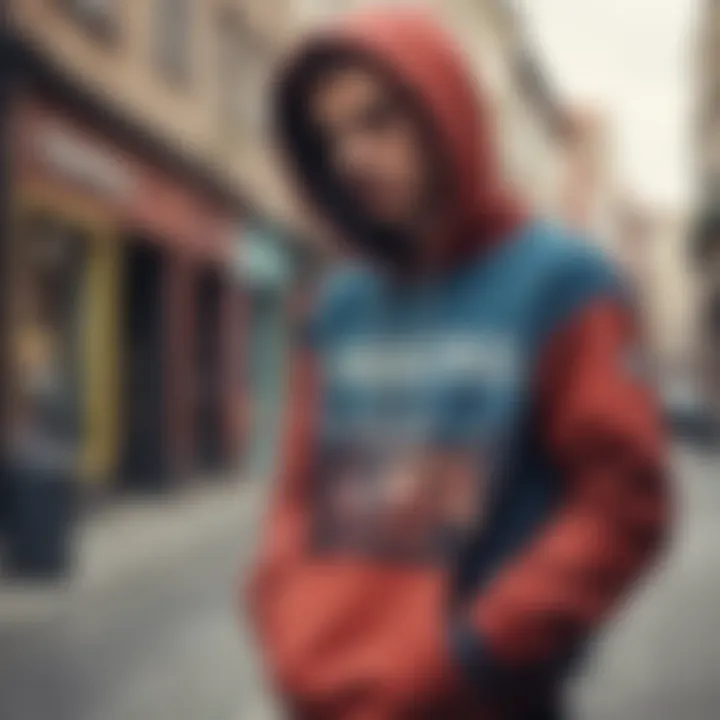 Skateboarder wearing a funky hoodie in an urban setting