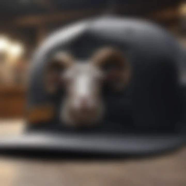 Close-up view of the unique design elements of a goat trucker hat