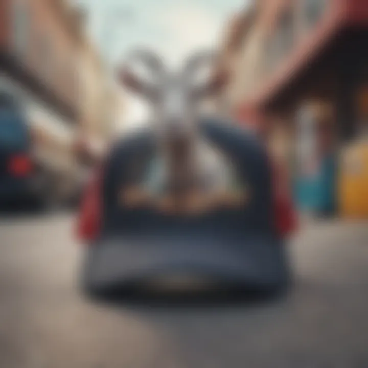 A stylish goat trucker hat displayed against a vibrant skateboarding backdrop