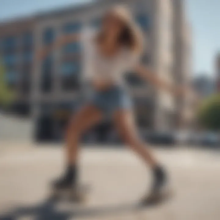 Action shot of skateboarder wearing high waisted loose fit denim shorts in urban setting