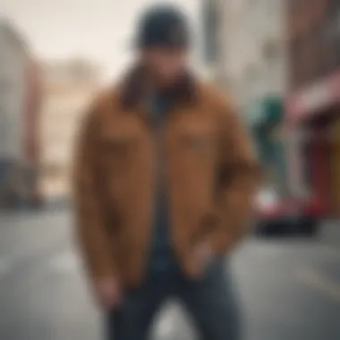 A skateboarder wearing the Huf corduroy jacket in an urban setting.