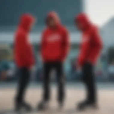 Group of skaters bonding in red hoodies