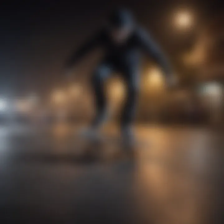 A group of skaters performing tricks at night with their skateboard headlights on.