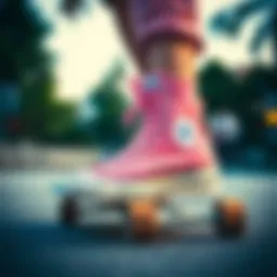 Light pink hightop Converse sneakers on a skateboard