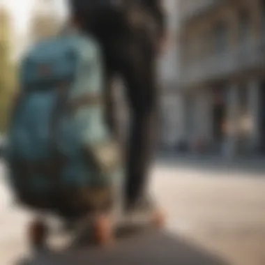 Skateboarder with backpack in action