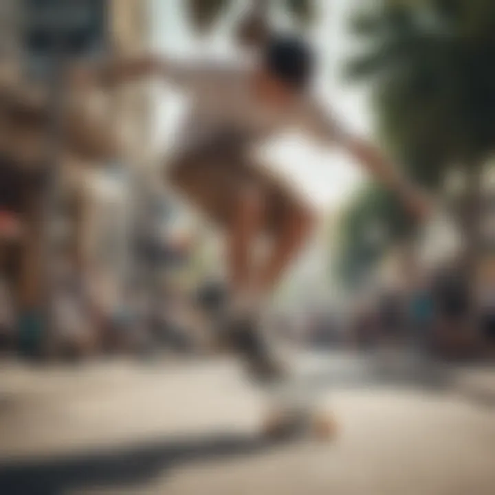 Skateboarder performing a trick while wearing long chino shorts