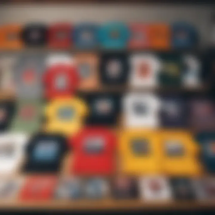 An array of colorful oversized graphic tees displayed on a table